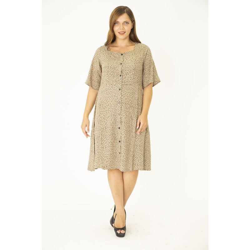 Şans Women's Plus Size Mink Weave Viscose Fabric Front Button and Pocket Dress
