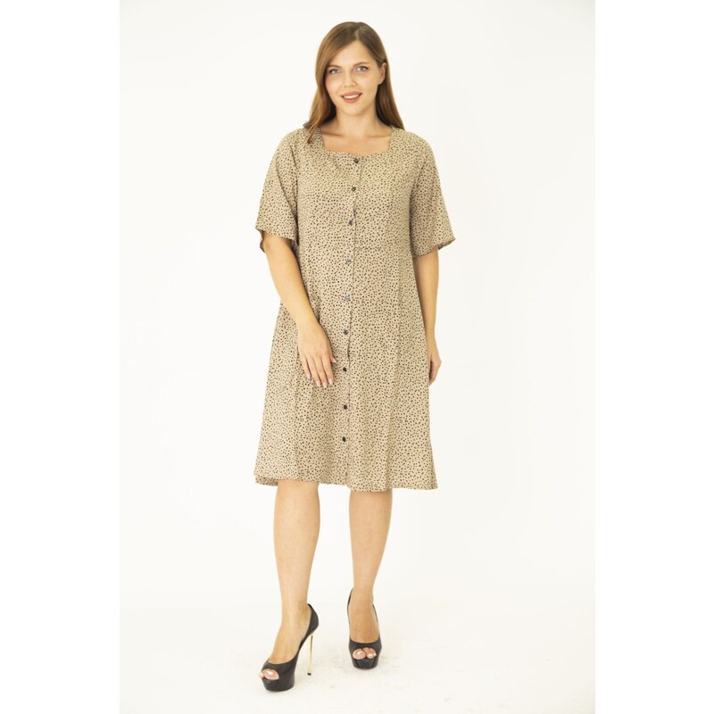 Şans Women's Plus Size Mink Weave Viscose Fabric Front Button and Pocket Dress