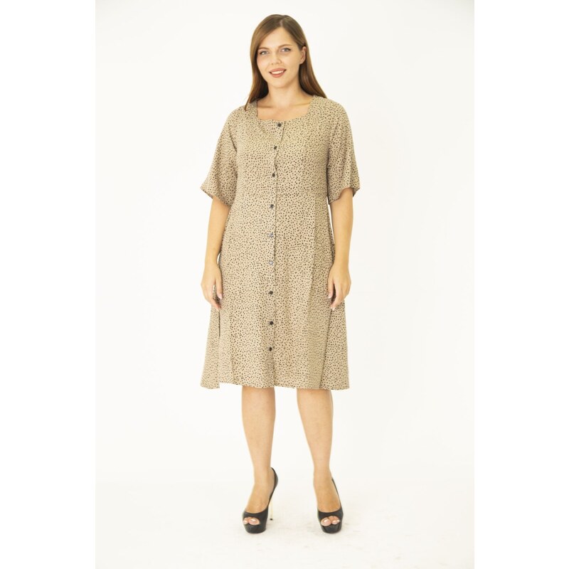 Şans Women's Plus Size Mink Weave Viscose Fabric Front Button and Pocket Dress