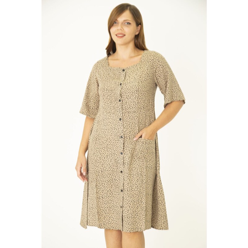 Şans Women's Plus Size Mink Weave Viscose Fabric Front Button and Pocket Dress