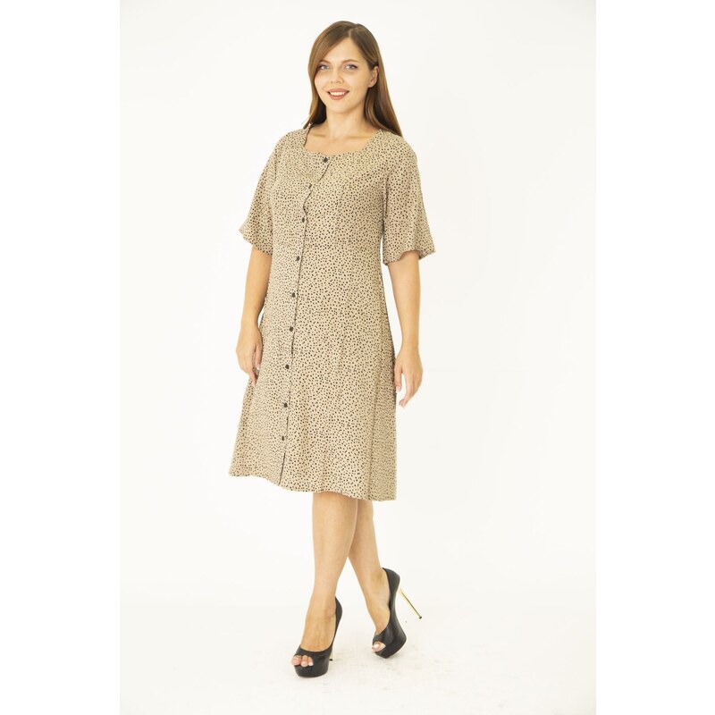 Şans Women's Plus Size Mink Weave Viscose Fabric Front Button and Pocket Dress