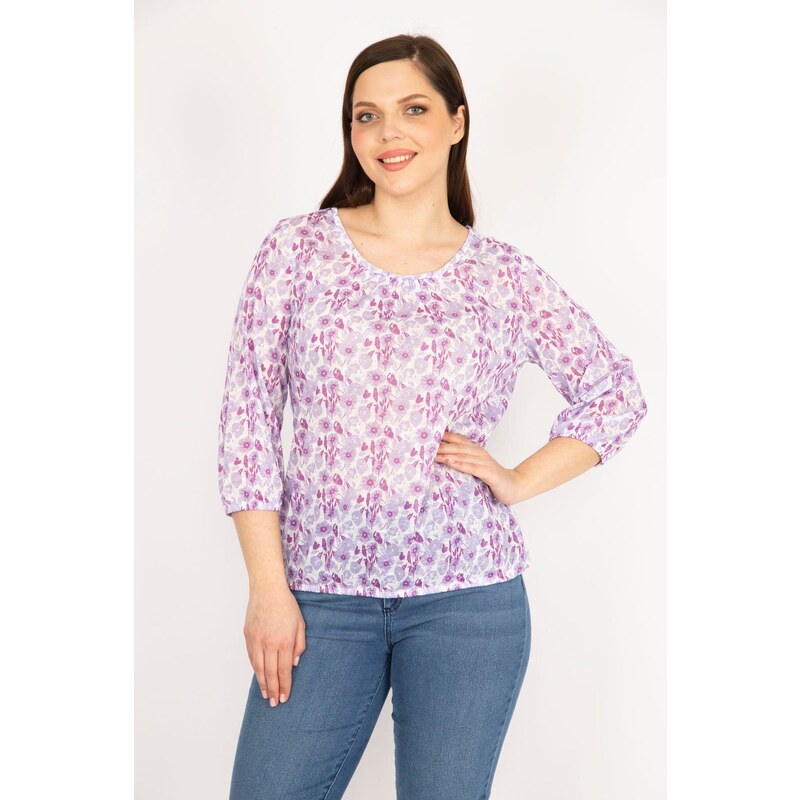 Şans Women's Lilac Plus Size Blouse with Elastic Detailed Collar and Hem