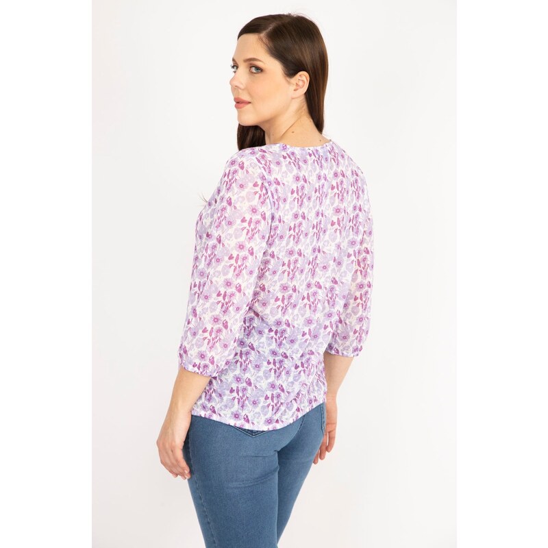 Şans Women's Lilac Plus Size Blouse with Elastic Detailed Collar and Hem