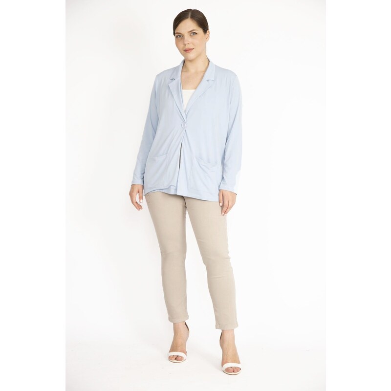 Şans Women's Blue Plus Size Single Button Unlined Pocket Cardigan