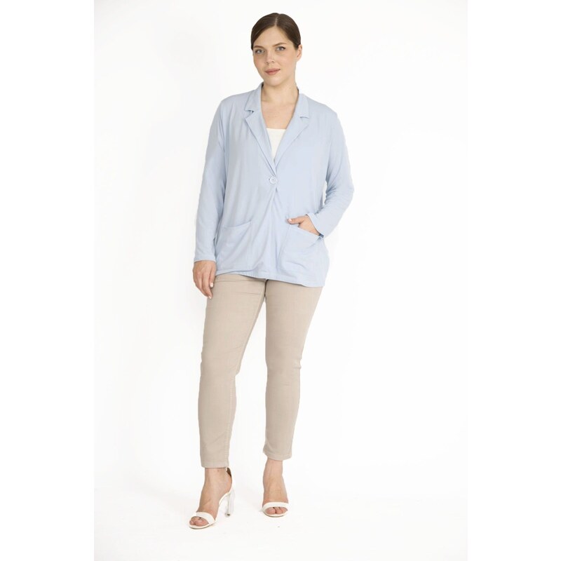 Şans Women's Blue Plus Size Single Button Unlined Pocket Cardigan