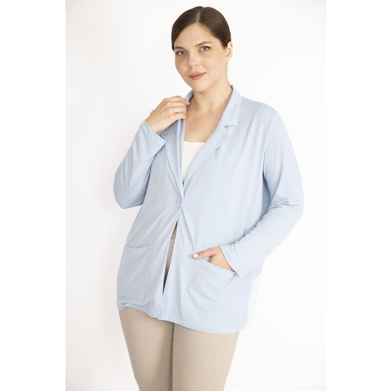 Şans Women's Blue Plus Size Single Button Unlined Pocket Cardigan