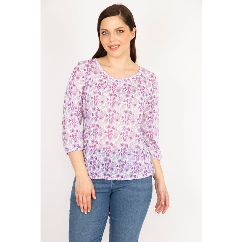 Şans Women's Lilac Plus Size Blouse with Elastic Detailed Collar and Hem