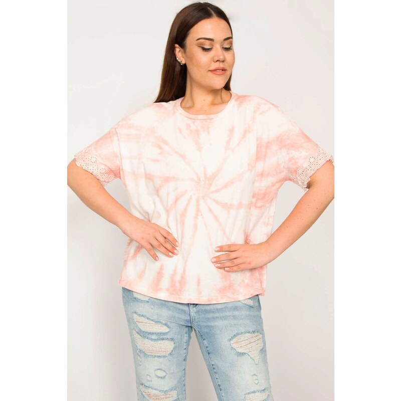 Şans Women's Plus Size Salmon Batik Patterned Blouse with Lace Detail around the Arms