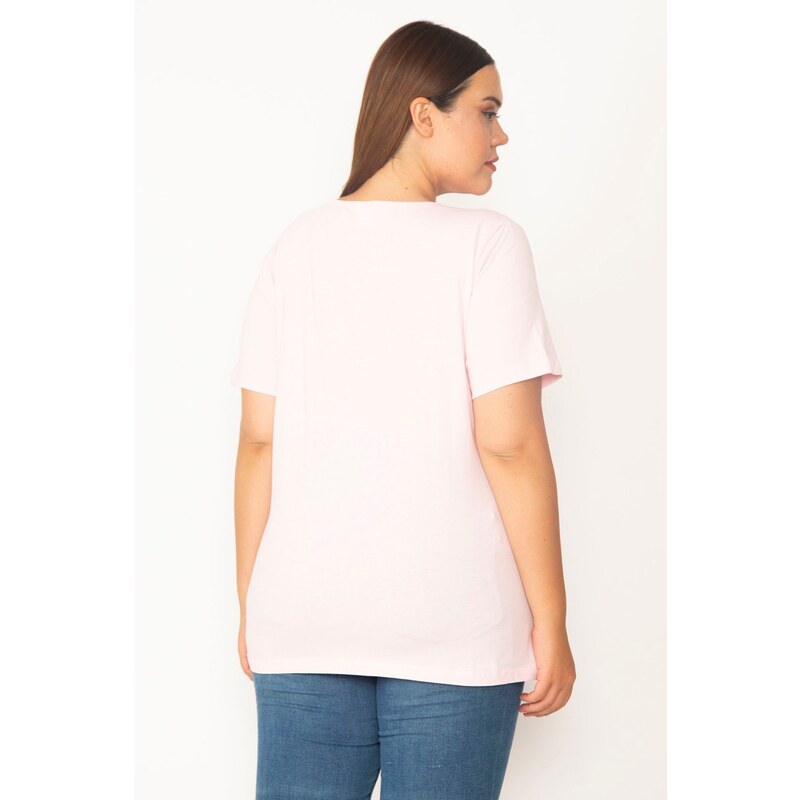 Şans Women's Plus Size Pink V-Neck Oversize Basic T-Shirt