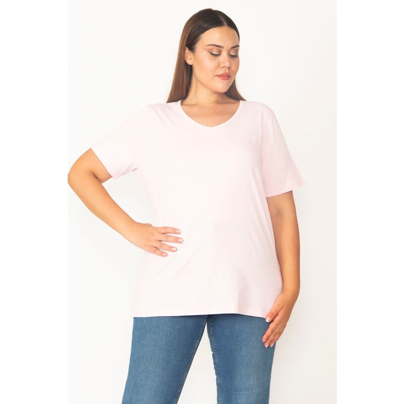 Şans Women's Plus Size Pink V-Neck Oversize Basic T-Shirt