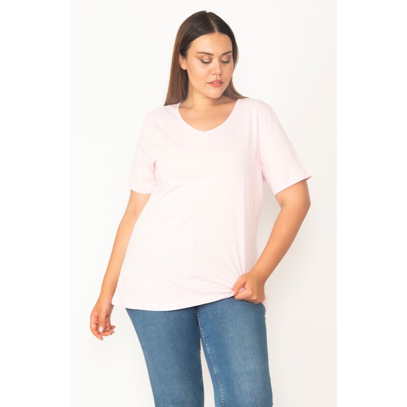 Şans Women's Plus Size Pink V-Neck Oversize Basic T-Shirt