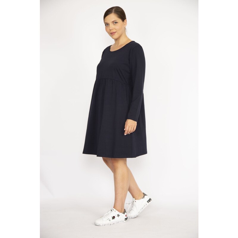 Şans Women's Plus Size Navy Blue Crew Neck Gathered Waist Long Sleeve Tunic Dress