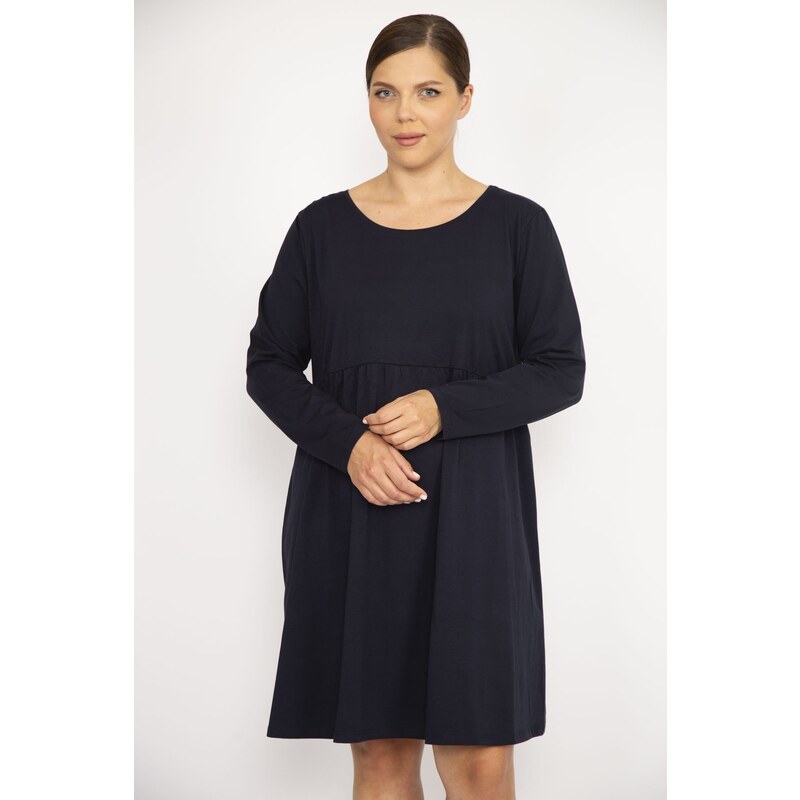 Şans Women's Plus Size Navy Blue Crew Neck Gathered Waist Long Sleeve Tunic Dress