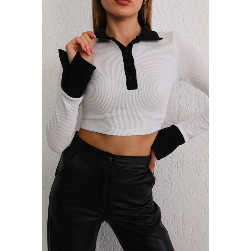 BİKELİFE Women's White Polo Neck Buttoned Crop Blouse