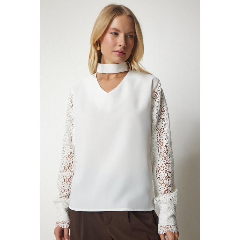 Happiness İstanbul Women's Ecru Guipure Sleeve Detailed Elegant Blouse