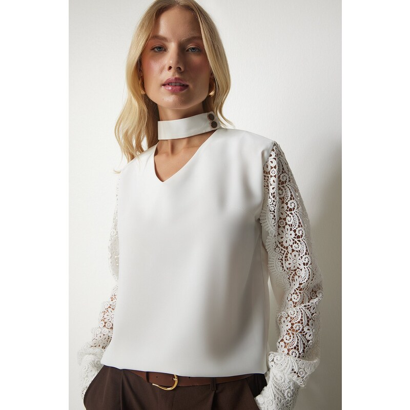 Happiness İstanbul Women's Ecru Guipure Sleeve Detailed Elegant Blouse