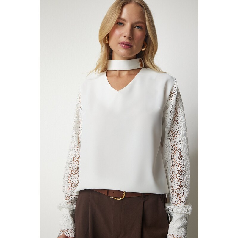 Happiness İstanbul Women's Ecru Guipure Sleeve Detailed Elegant Blouse