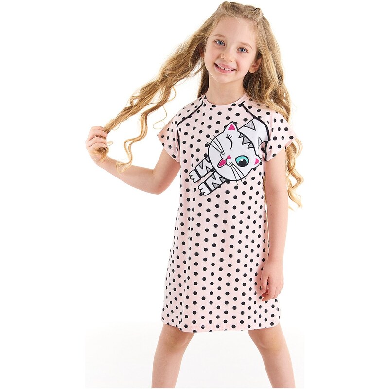 Denokids White Cat Girl Child Polka Dot Pink Dress