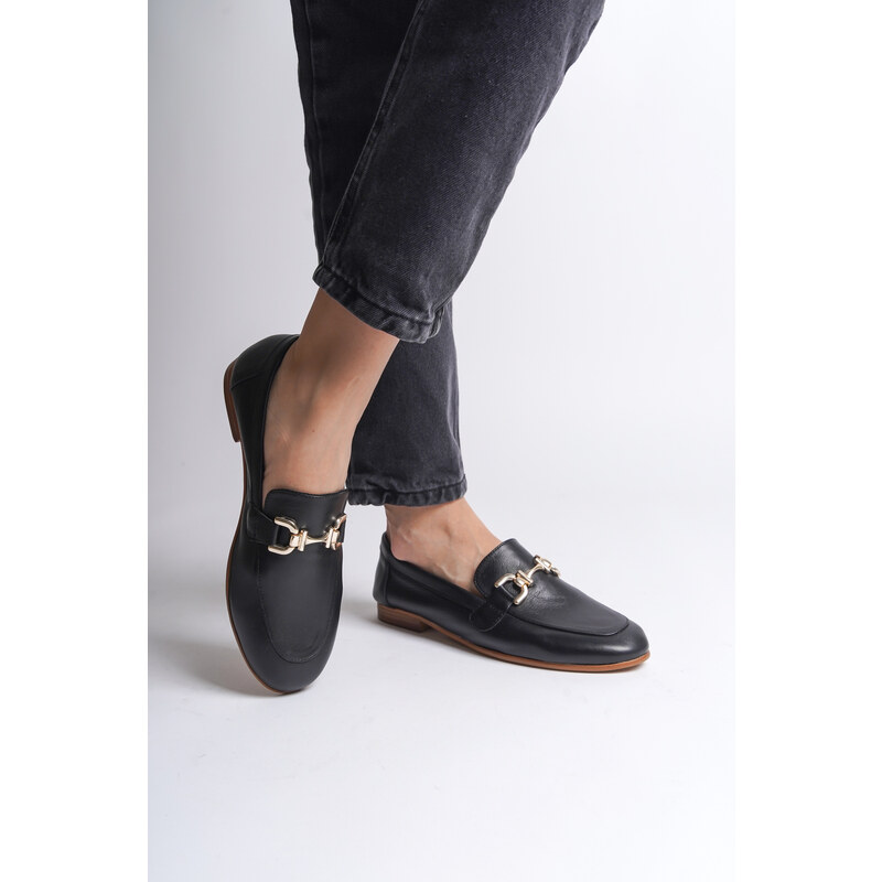 Capone Outfitters Women's Black Genuine Leather Loafer with Gold Buckle