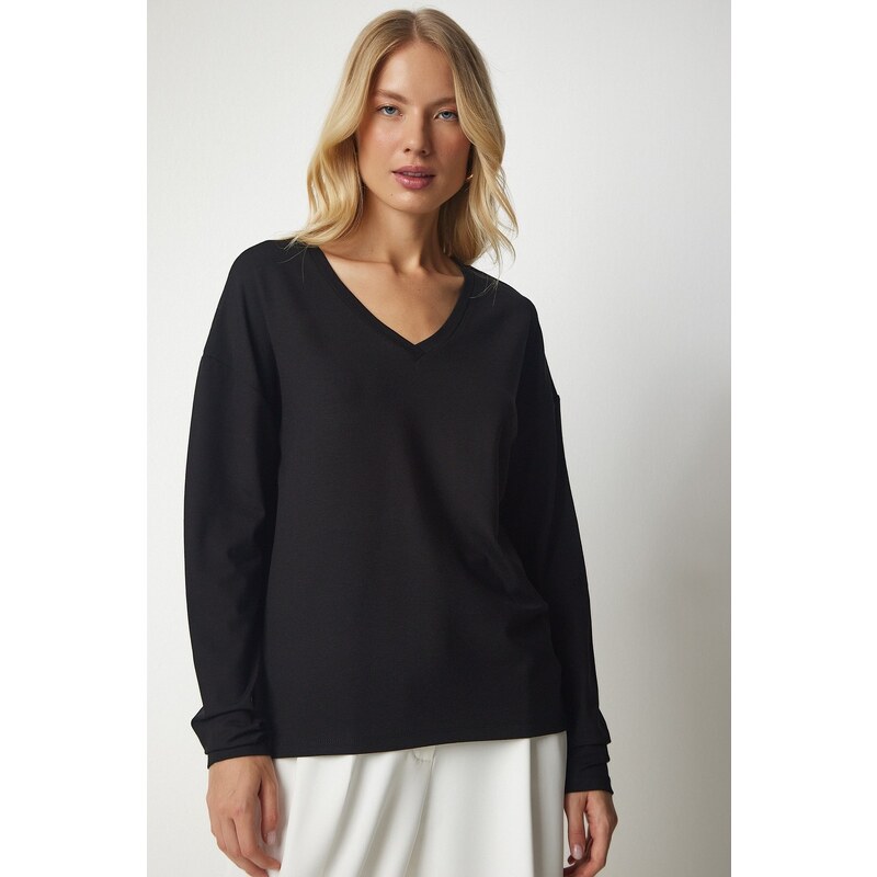 Happiness İstanbul Women's Black V-Neck Knitwear Blouse