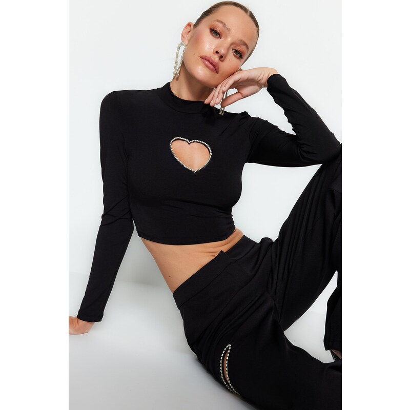 Trendyol Black Fitted Stone Printed Window/Cut Out Detailed Crop Knitted Blouse