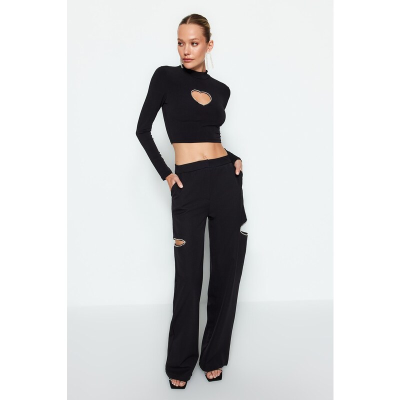 Trendyol Black Fitted Stone Printed Window/Cut Out Detailed Crop Knitted Blouse