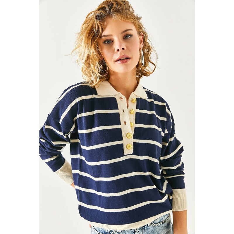 Olalook Women's Navy Blue Gold Buttoned Striped Polo Neck Knitwear Blouse