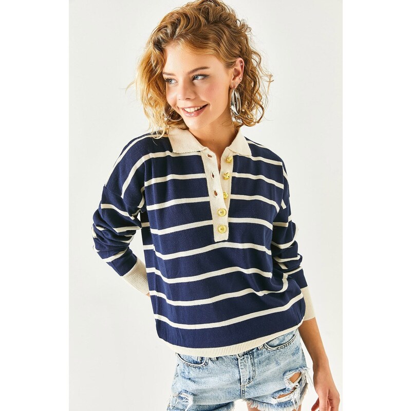 Olalook Women's Navy Blue Gold Buttoned Striped Polo Neck Knitwear Blouse