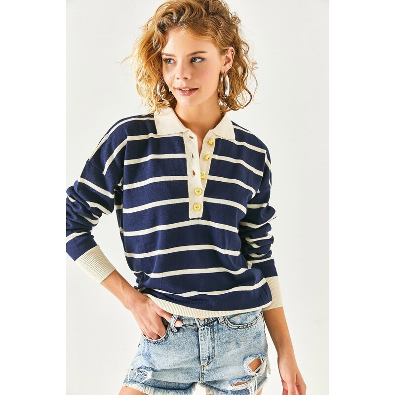 Olalook Women's Navy Blue Gold Buttoned Striped Polo Neck Knitwear Blouse