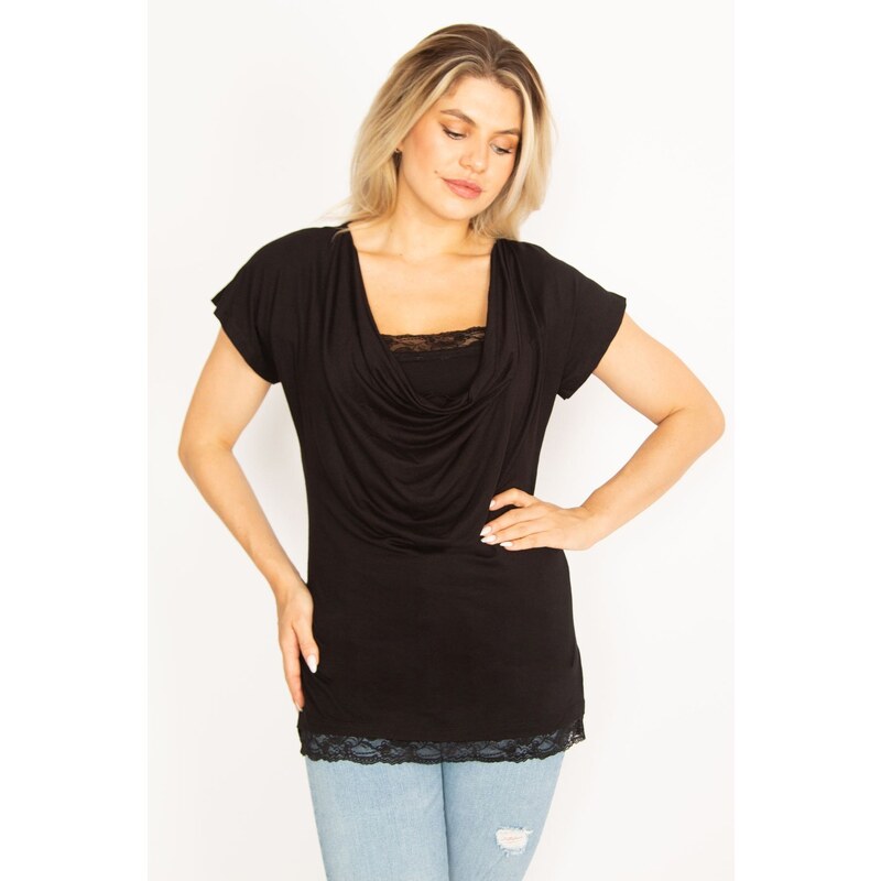 Şans Women's Plus Size Black Collar And Lace Detailed Low-Collar Blouse With A Neck And Hem