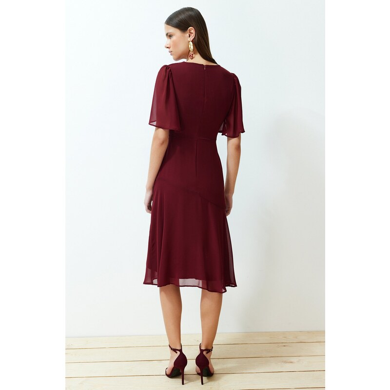 Trendyol Burgundy Skirt Flounce Chiffon Lined Midi Woven Dress