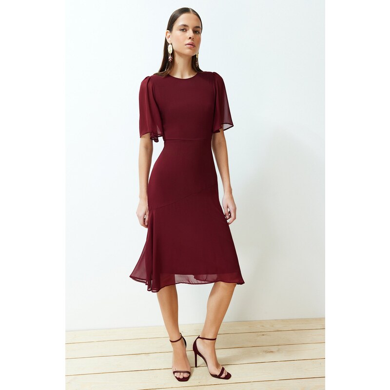 Trendyol Burgundy Skirt Flounce Chiffon Lined Midi Woven Dress