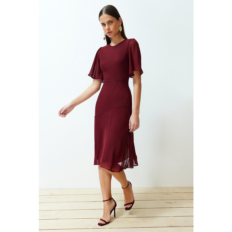 Trendyol Burgundy Skirt Flounce Chiffon Lined Midi Woven Dress