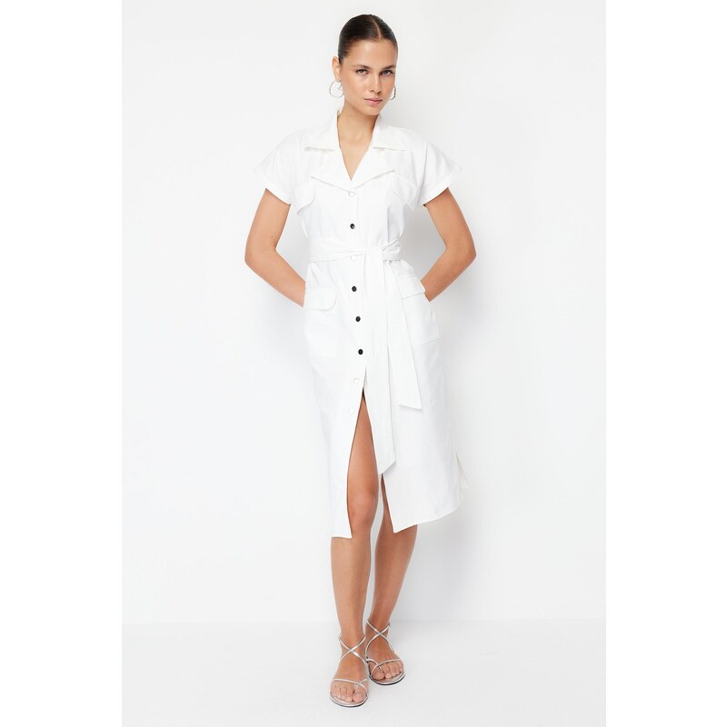 Trendyol Ecru Belted Pocket Gabardine Wide Fit Shirt Midi Woven Dress