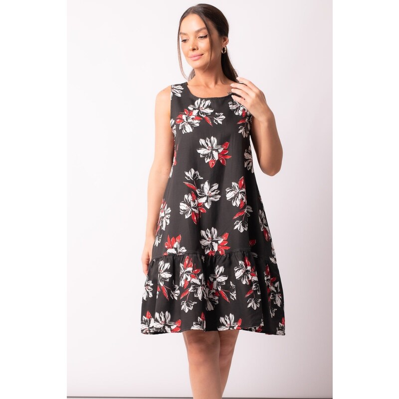 armonika Women's Black Large Floral Print Sleeveless Dress