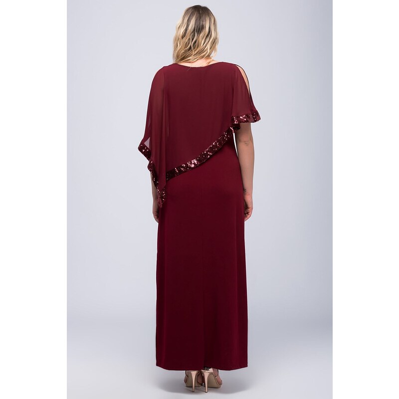 Şans Women's Plus Size Claret Red Chiffon And Sequin Detailed Evening Dress