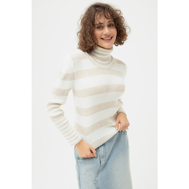 Lafaba Women's Beige Turtleneck Striped Knitwear Sweater