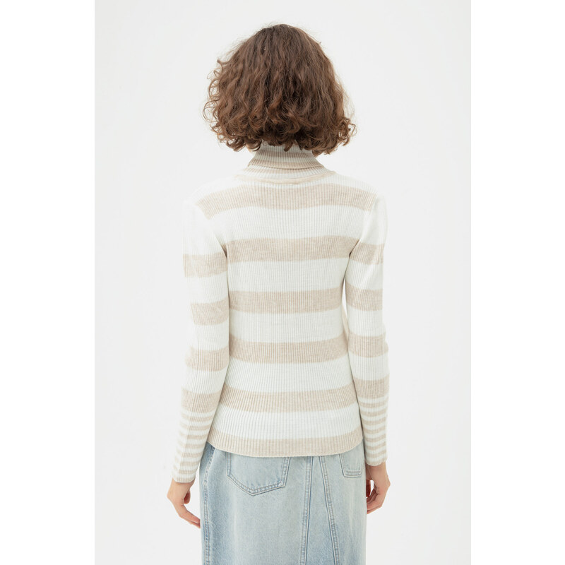 Lafaba Women's Beige Turtleneck Striped Knitwear Sweater