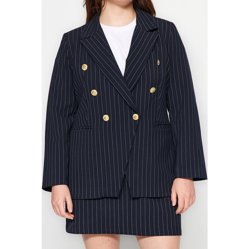 Trendyol Curve Navy Striped Button Detailed Woven Jacket