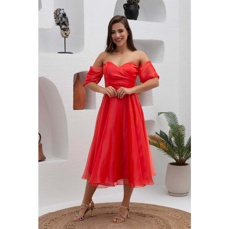 Carmen Coral Low Sleeve Organza Engagement Evening Dress