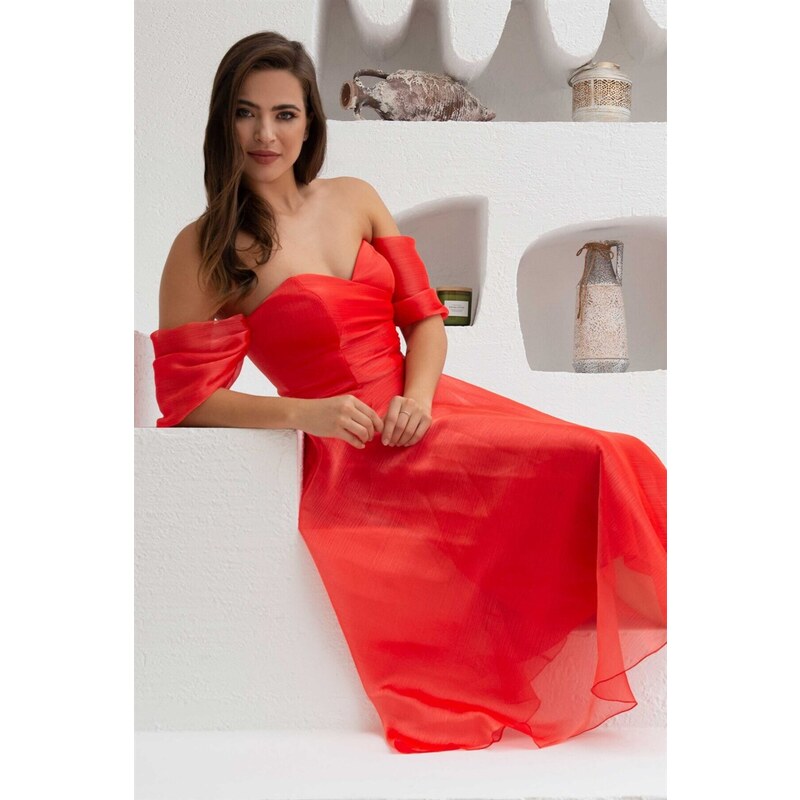 Carmen Coral Low Sleeve Organza Engagement Evening Dress