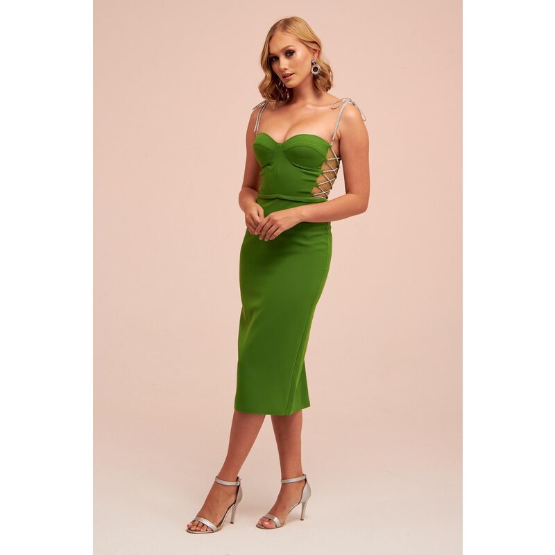 Carmen Pistachio Green Stone Lace Midi Crepe Evening Dress