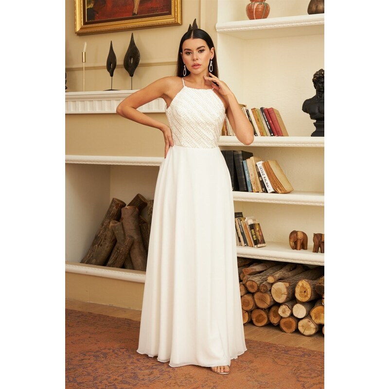 Carmen Ecru Chiffon Long Wedding Dress with Sequins