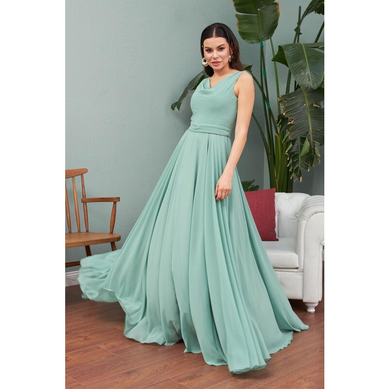 Carmen Çağla Chiffon Degajee Collar Long Evening Dress And Invitation Dress