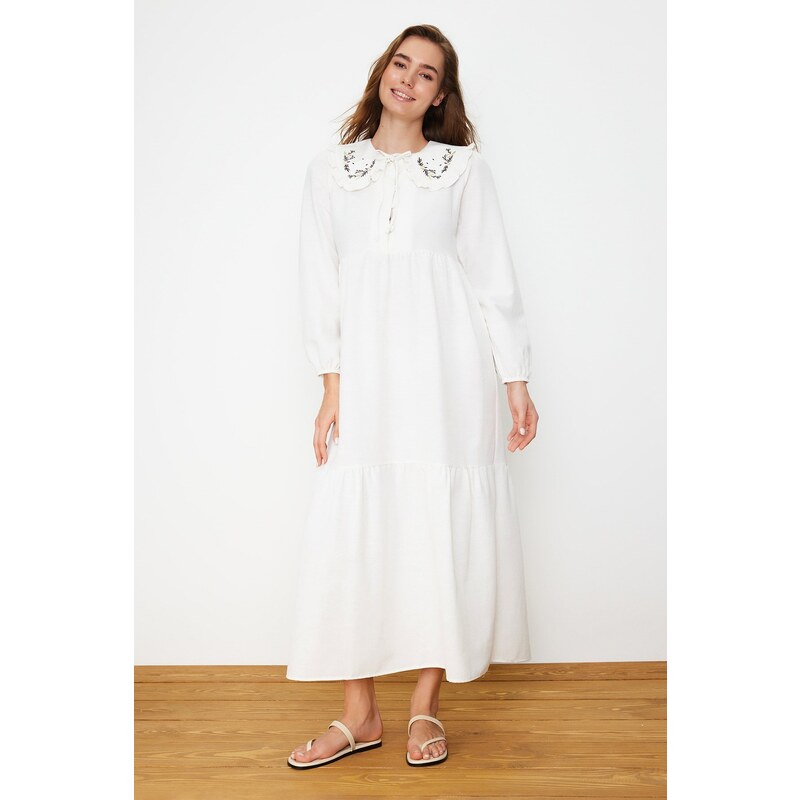 Trendyol Ecru Collar Embroidered Half Pat Linen Look Woven Dress