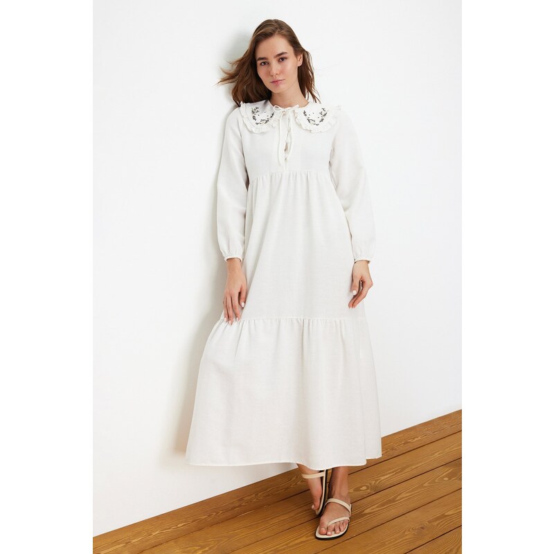 Trendyol Ecru Embroidery Detailed Linen Look Woven Dress