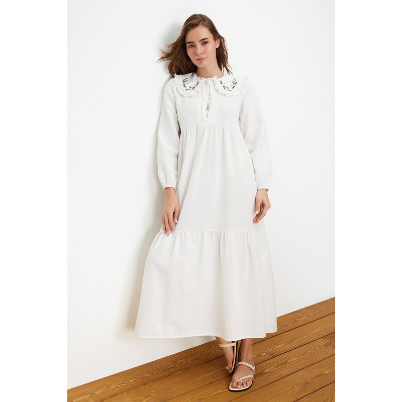 Trendyol Ecru Collar Embroidered Half Pat Linen Look Woven Dress