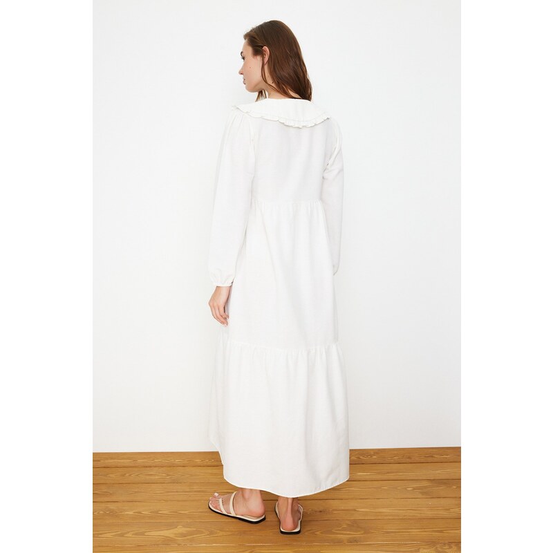 Trendyol Ecru Collar Embroidered Half Pat Linen Look Woven Dress