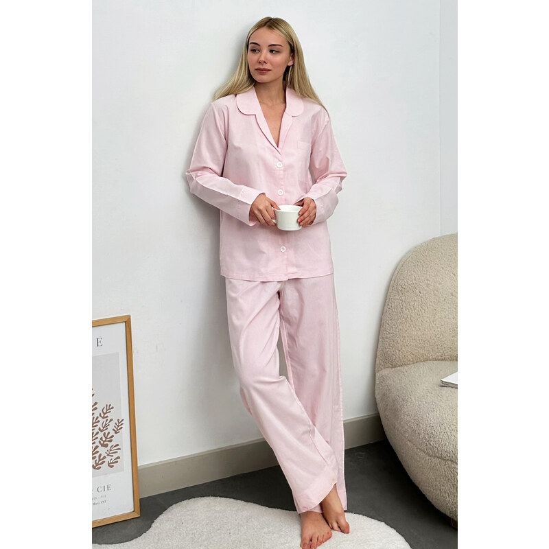 Trend Alaçatı Stili Women's Dust Pink Single Pocket Woven Pajamas Suit