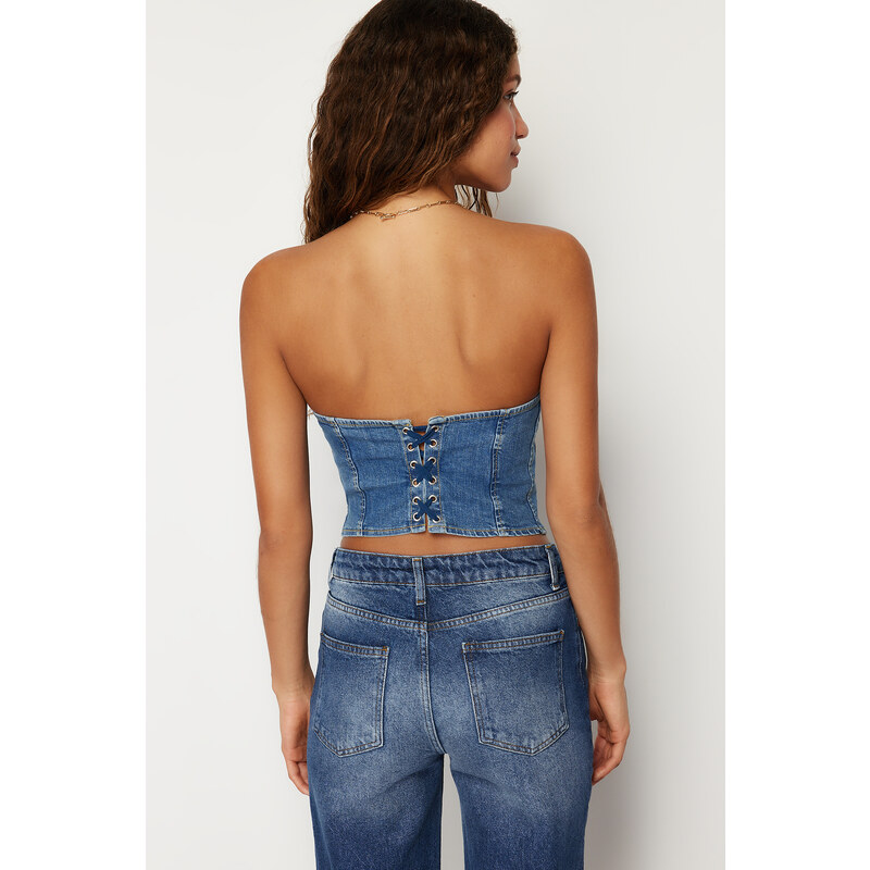 Trendyol Dark Blue Stitch Detail Strapless Denim Bustier